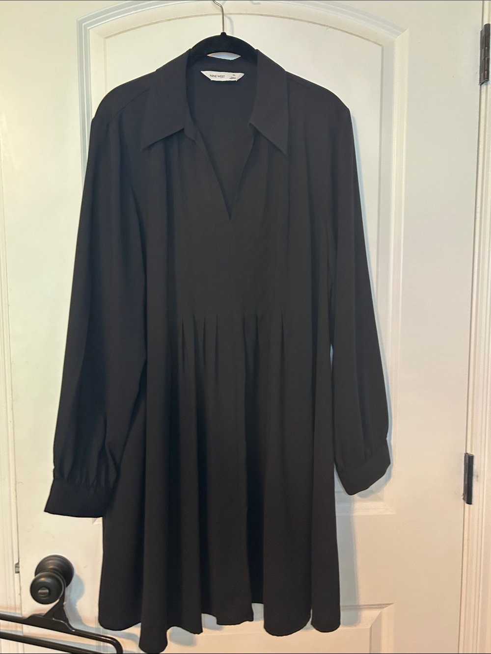 Nine West Black Long-Sleeve Pleated Front Shirt Dress